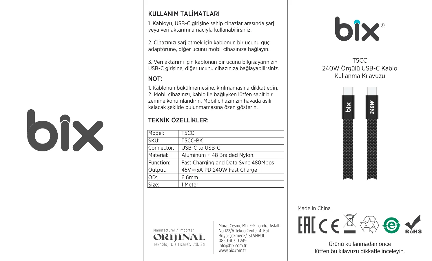 T5CC Type-C to Type-C 5A 240W 480Mbps Örgülü Hızlı Şarj kullanım kılavuzu — sayfa 1