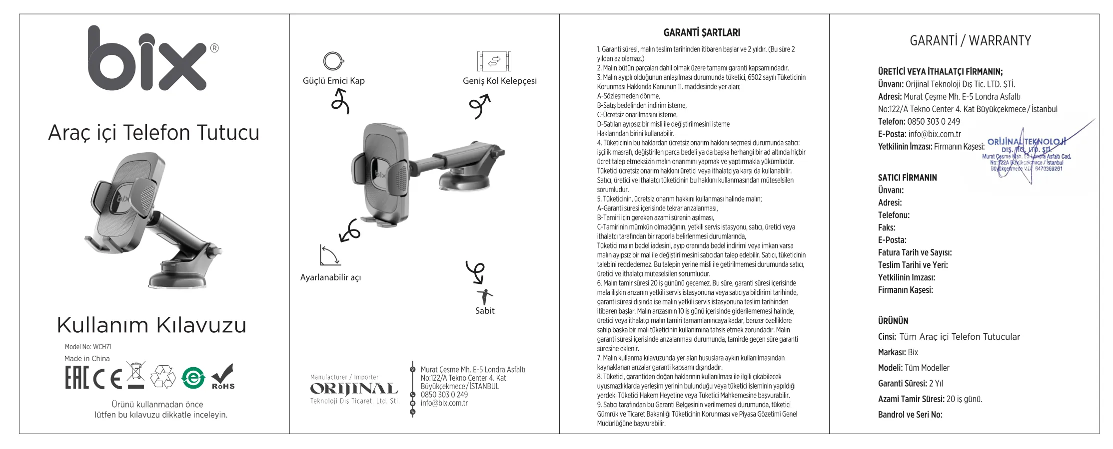 WCH71 Torpido Üstü, Cam, Ön Panel için Ayarlanabilir kullanım kılavuzu — sayfa 1