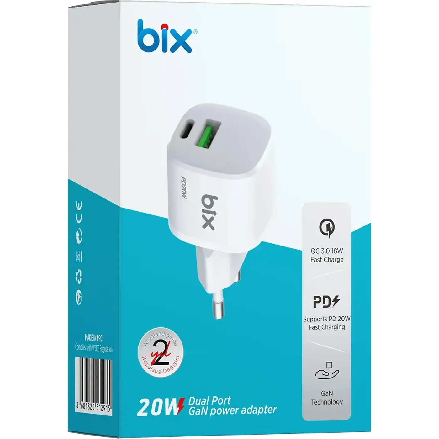 BX2P20G GaN PD 20W Type-C ve USB-A QC 18W Çift Portlu — görsel 4