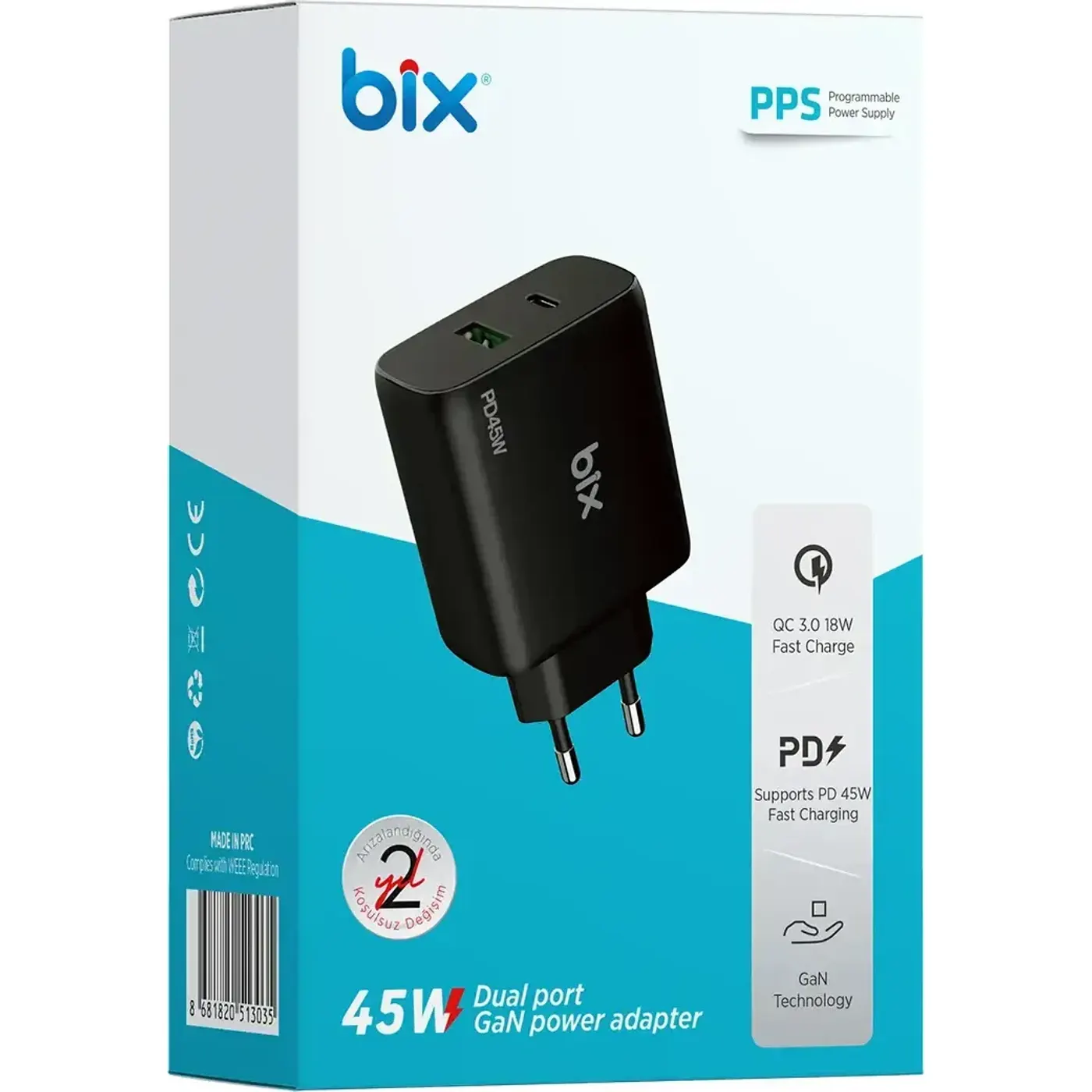 BX2P45G GaN PD 45W Type-C ve USB-A QC 18W Çift Portlu — görsel 4
