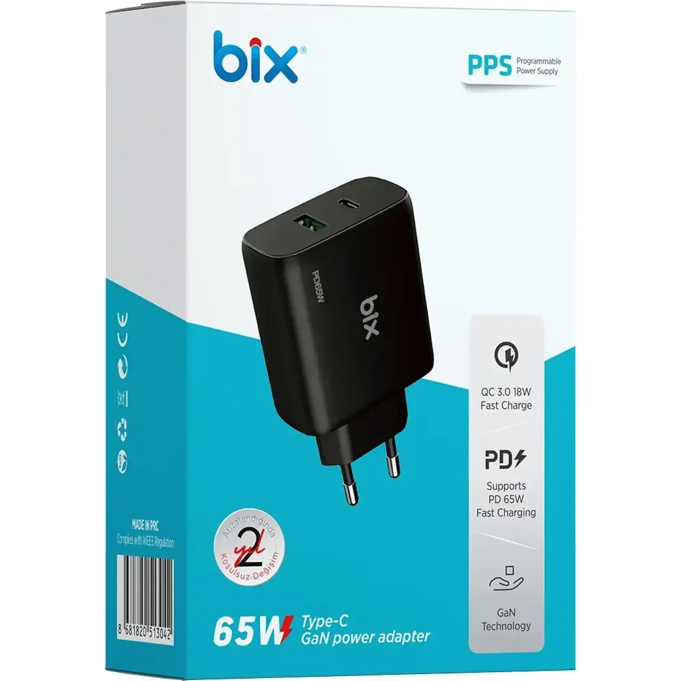 BX2P65G GaN PD 65W Type-C ve USB-A QC 18W Çift Portlu — görsel 4