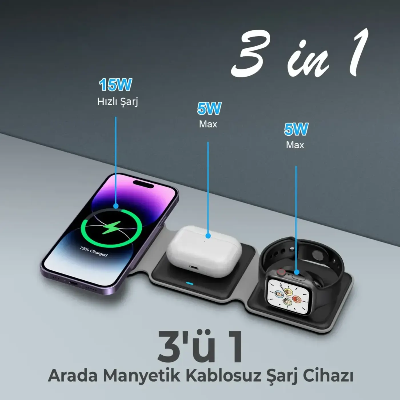 BXMW2 15W 3’ü 1 Arada iPhone Apple Watch AirPods Uyumlu — görsel 4