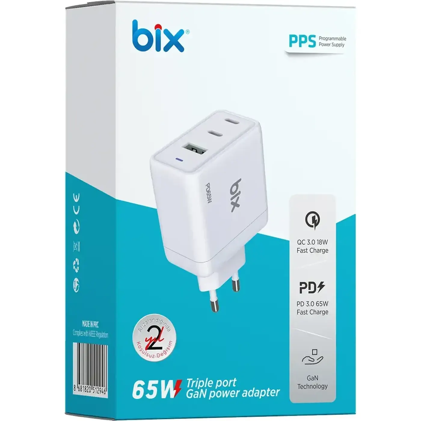 BX3P65G GaN 65W USB QC 3.0 ve 2*Type-C PD 3.0 Üç Portlu — görsel 5