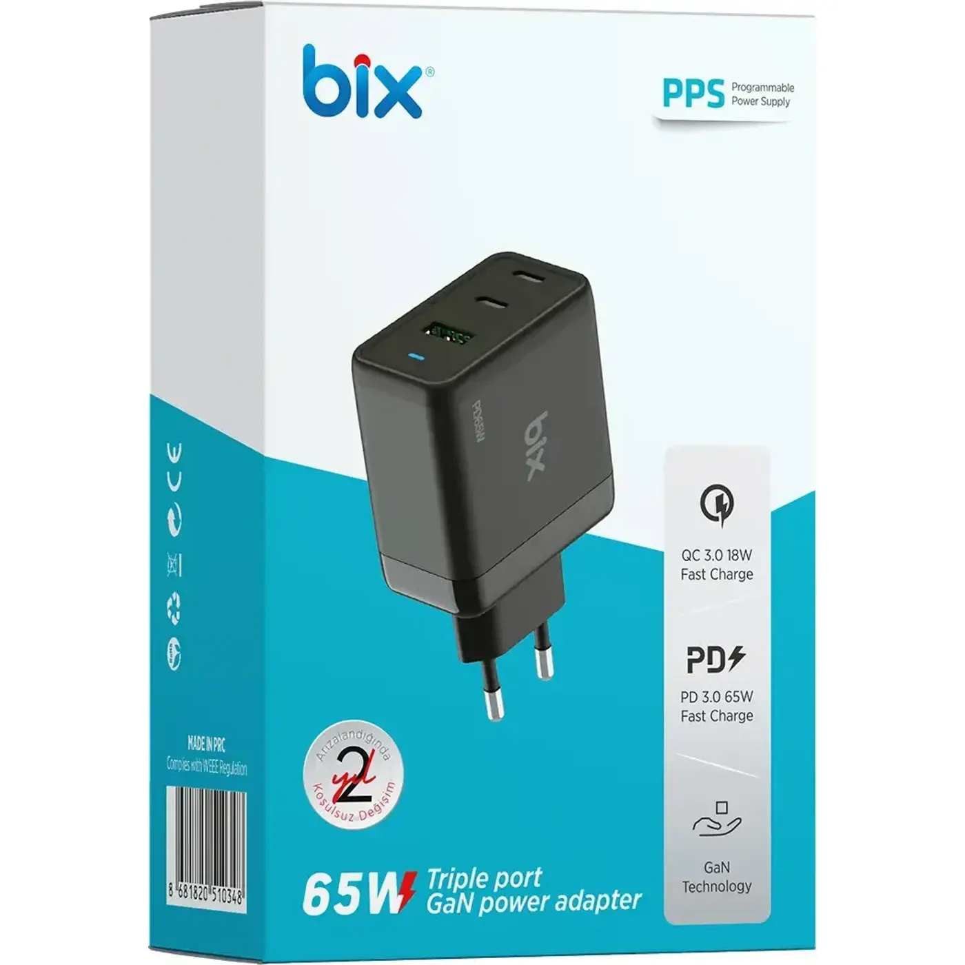 BX3P65G GaN 65W USB QC 4.0 ve 2*Type-C PD 3.0 Üç Portlu — görsel 4