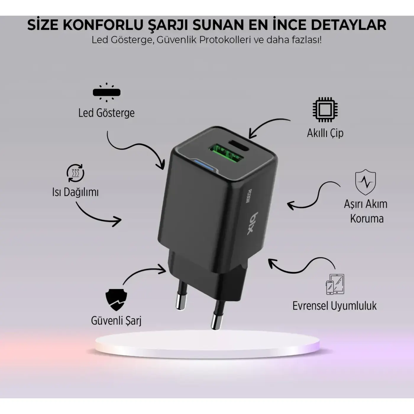 BX2P30G GaN PD 30W Type-C ve USB-A QC 18W Çift Portlu — görsel 6