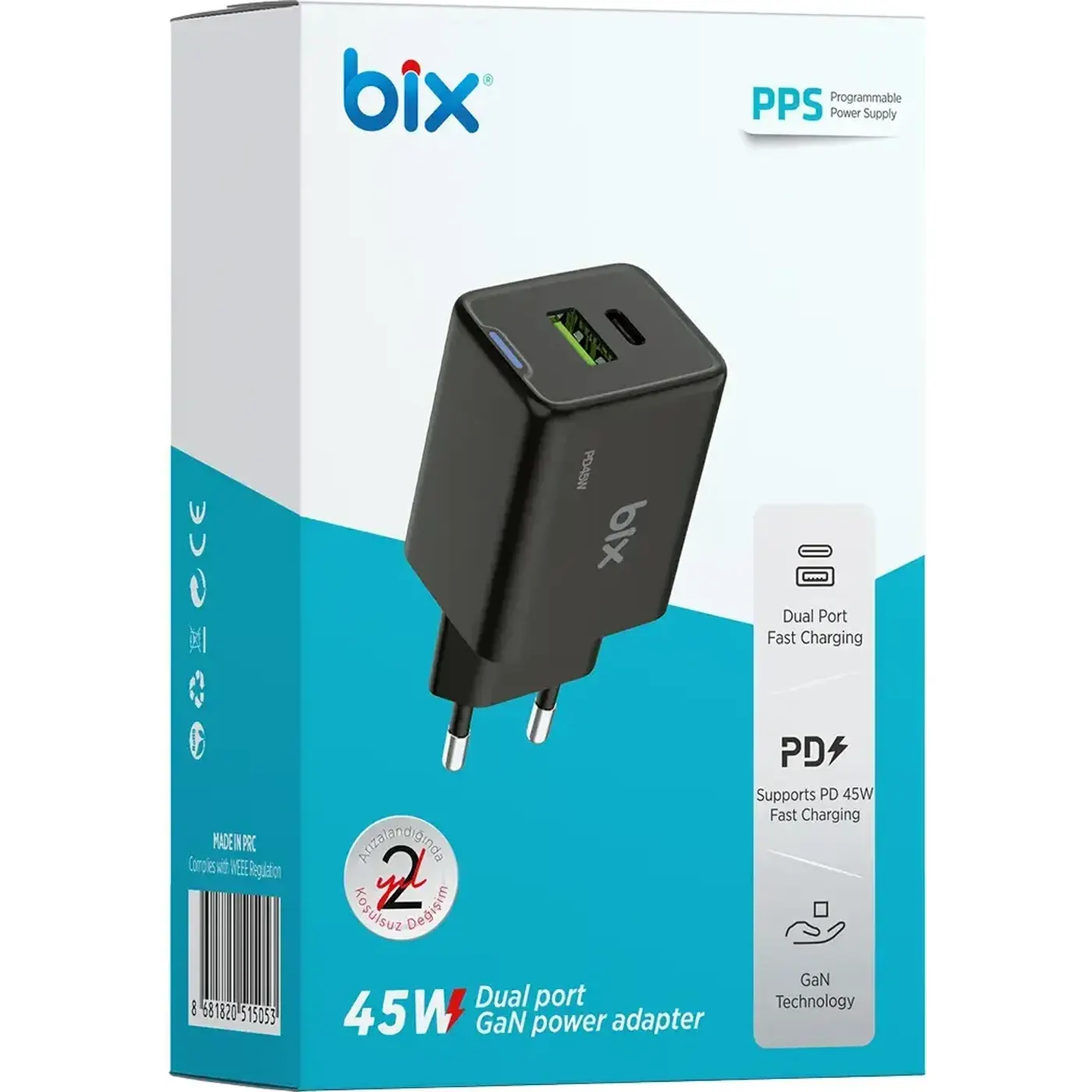 BX2P46G GaN PD 45W Type-C ve USB-A QC 18W Çift Portlu — görsel 4