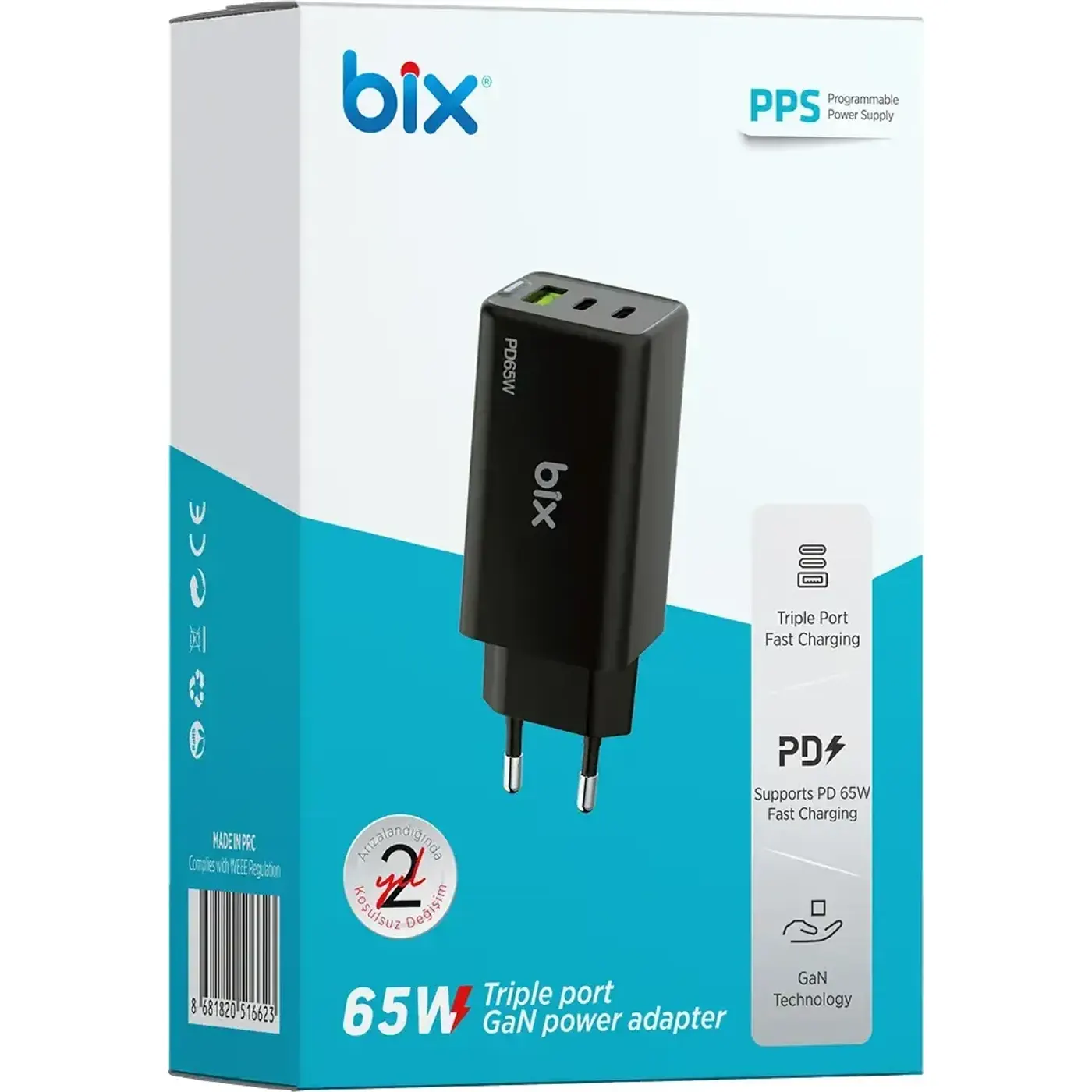 BX3P66G GaN 65W 2*Type-C PD 3.0 ve USB-A QC Üç Portlu — görsel 4