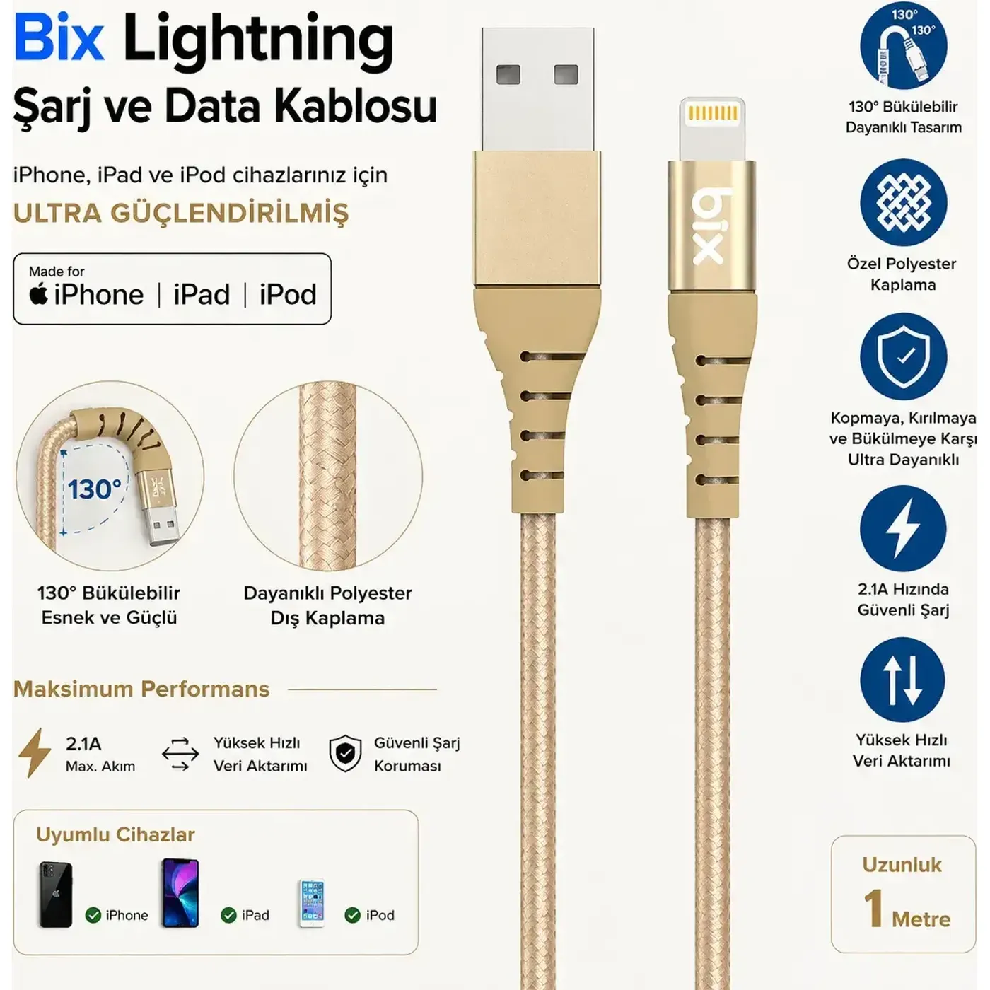 BX-IP01C iPhone İçin Güçlendirilmiş MFI Kablosu — görsel 2