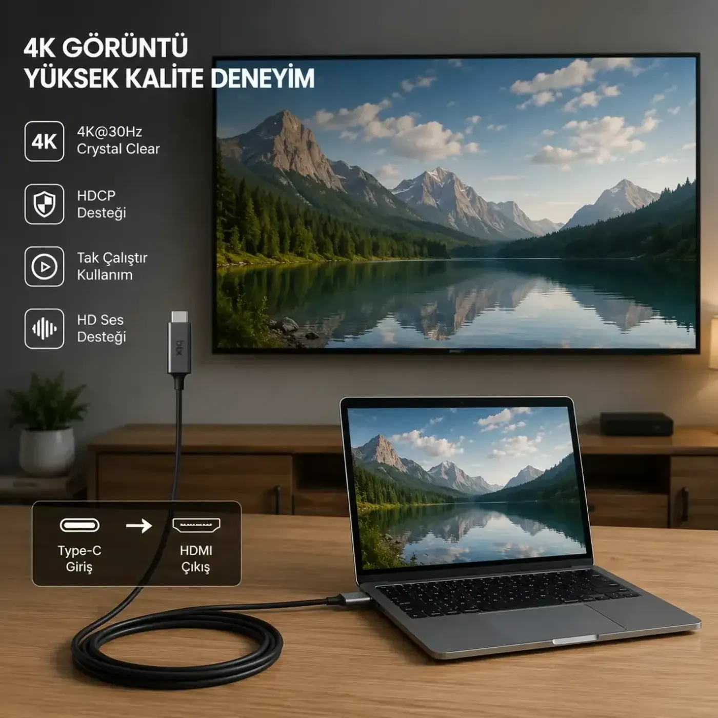 BX02HB USB-C to 4K@30Hz HDMI Kablo 1.8 metre Windows — görsel 3
