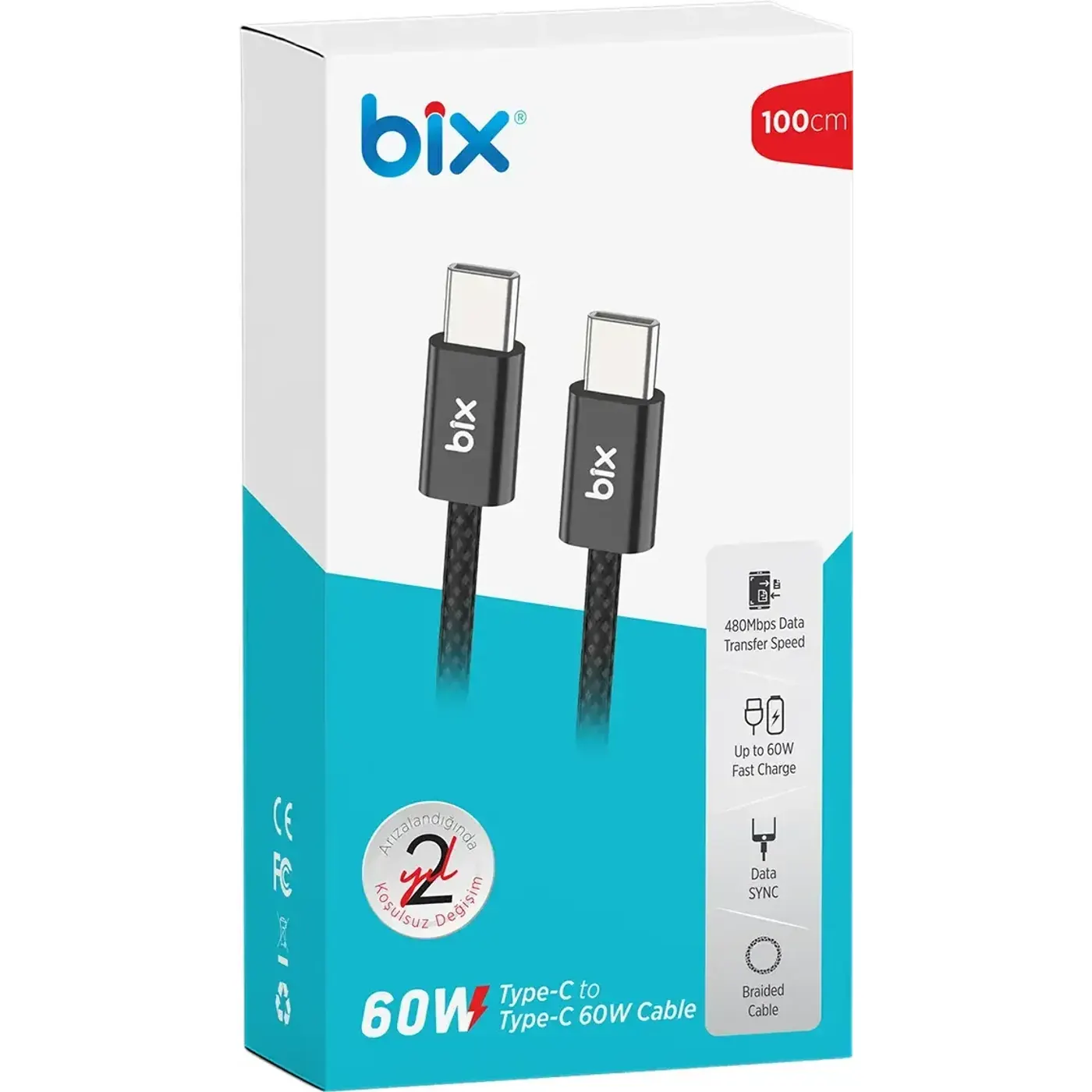 BX04CC Type-C to Type-C 60W Örgülü Şarj ve Data Kablosu — görsel 4