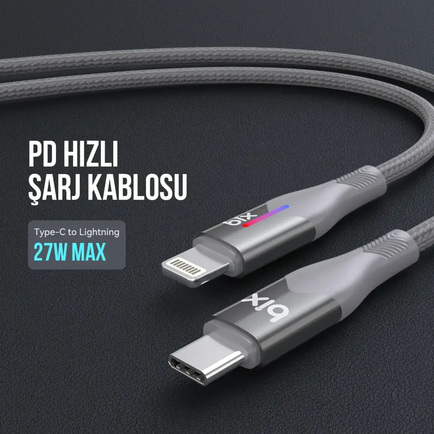 BX04CL Type-C to Lightning iPhone 27W Örgülü LED Işıklı — görsel 4