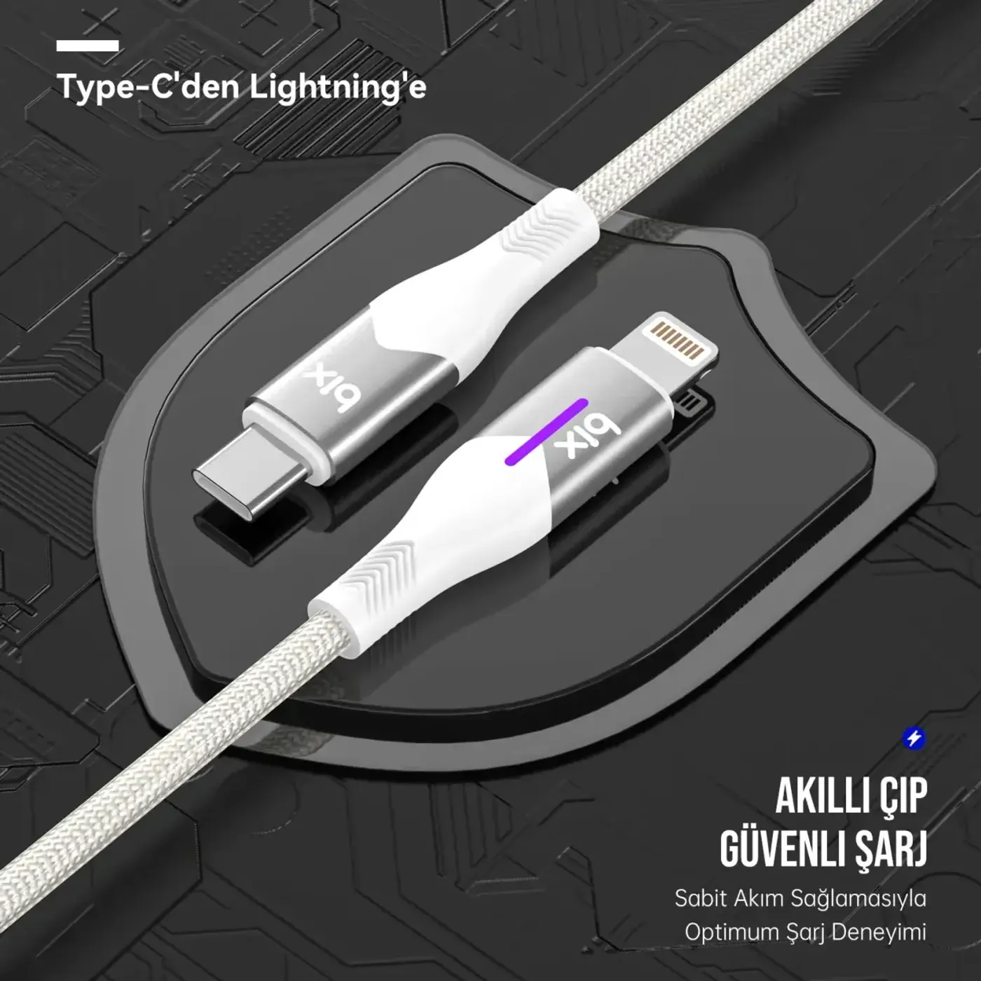 BX04CL Type-C to Lightning iPhone 27W Örgülü LED Işıklı — görsel 3
