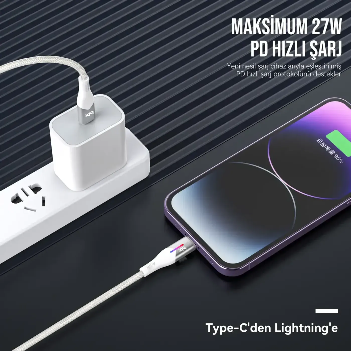 BX04CL Type-C to Lightning iPhone 27W Örgülü LED Işıklı — görsel 4