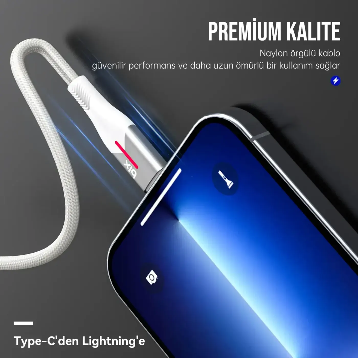 BX04CL Type-C to Lightning iPhone 27W Örgülü LED Işıklı — görsel 6
