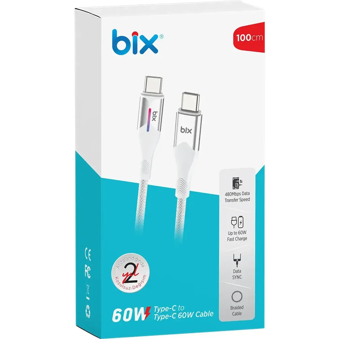 BX05CC Type-C to Type-C 60W Örgülü LED Işıklı Şarj — görsel 3