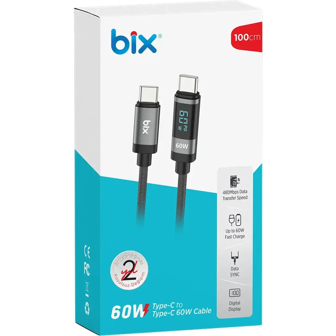 BX06CC Type-C to Type-C 60W Örgülü LED Dijital Ekranlı — görsel 4