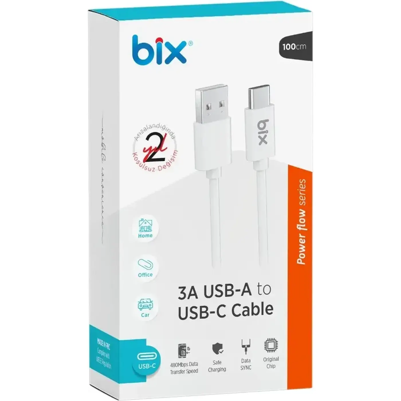 BX100CW 3A Type-C Şarj ve Data Kablosu Beyaz — görsel 2