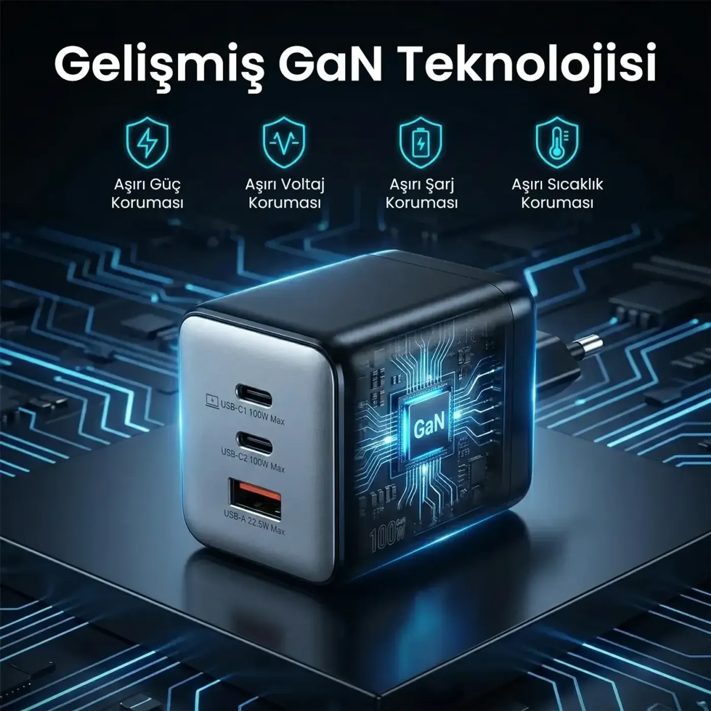BX3P102G 100W 3 Portlu USB-C + USB-A GaN Şarj Aleti — görsel 4