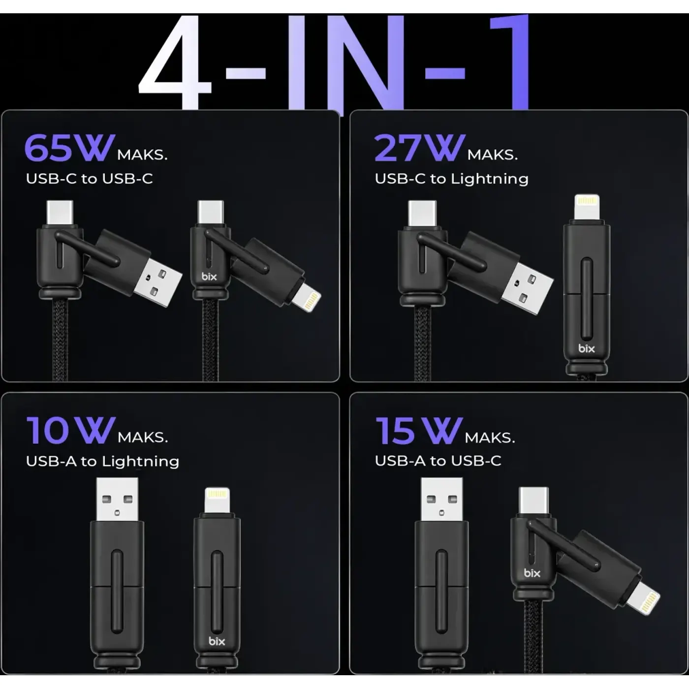 BX4IN1C 65W USB-A, USB-C, Lightning Çok Kablosu — görsel 2