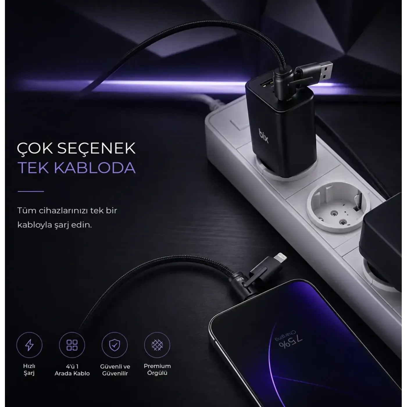 BX4IN1C 65W USB-A, USB-C, Lightning Çok Kablosu — görsel 3