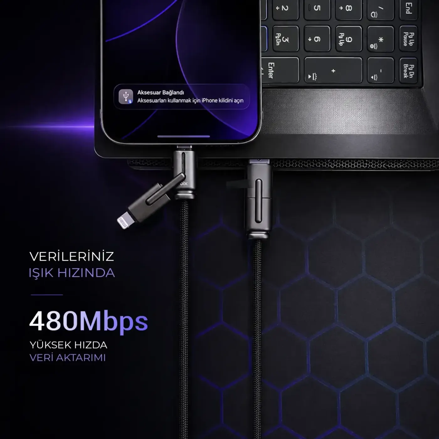 BX4IN1C 65W USB-A, USB-C, Lightning Çok Kablosu — görsel 4