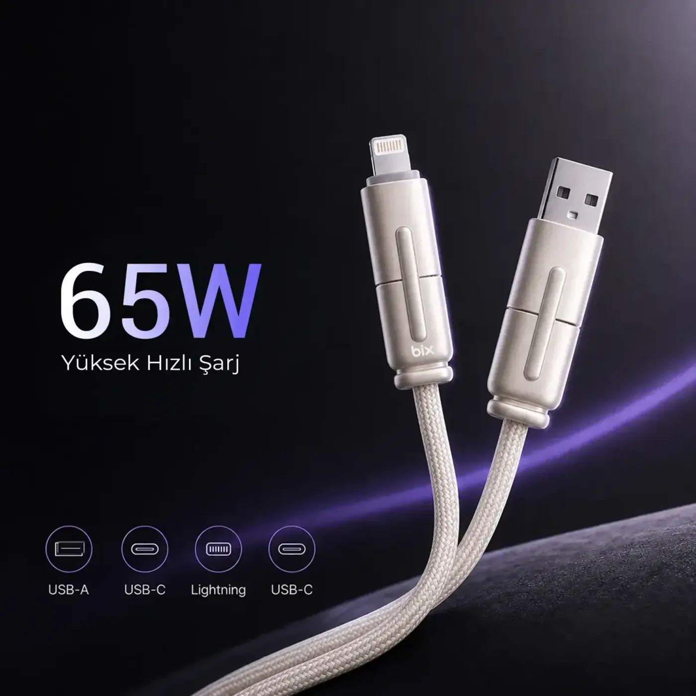 BX4IN1C 65W USB-A, USB-C, Lightning Çok Kablosu — görsel 6