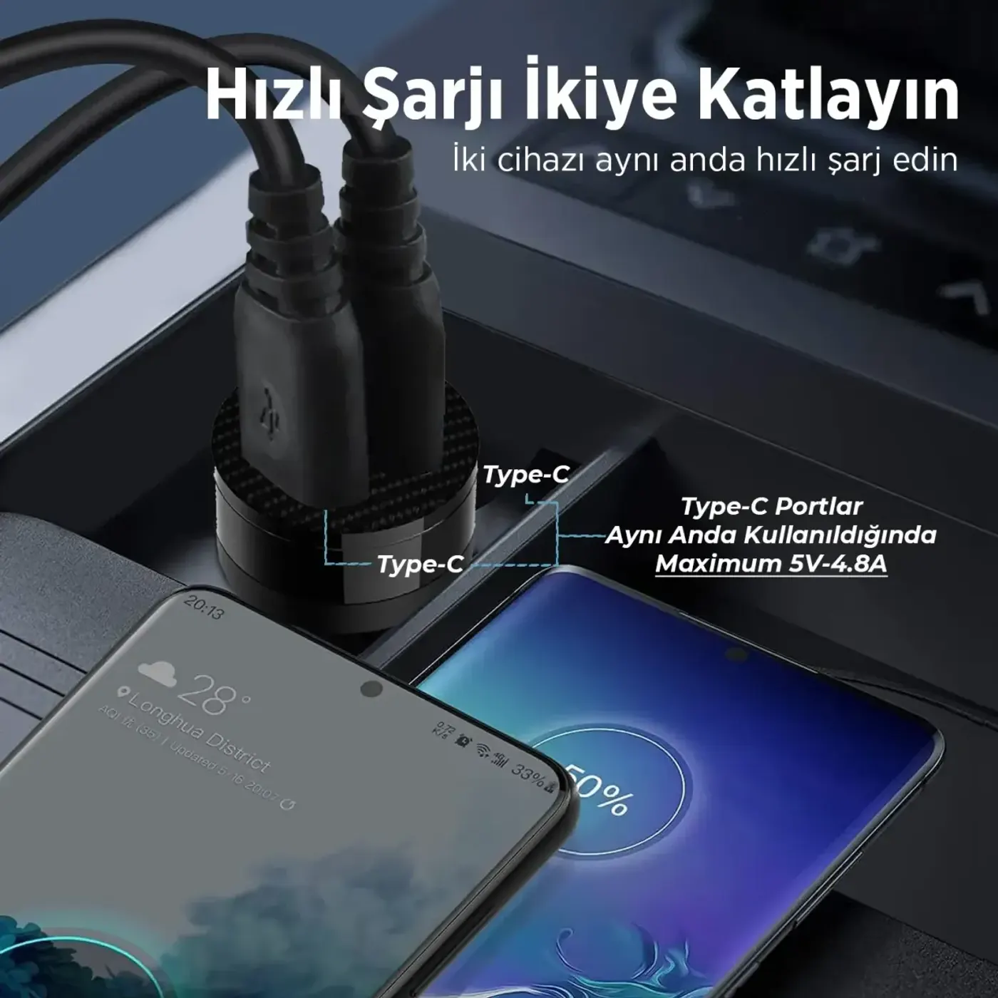 BXCC65C 65W Çift Portlu Type-C Araç Şarj Aleti iPhone — görsel 2