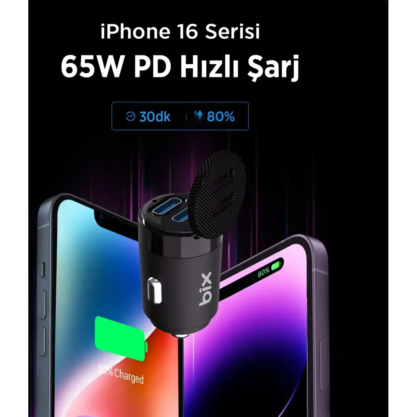 BXCC65C 65W Çift Portlu Type-C Araç Şarj Aleti iPhone — görsel 4