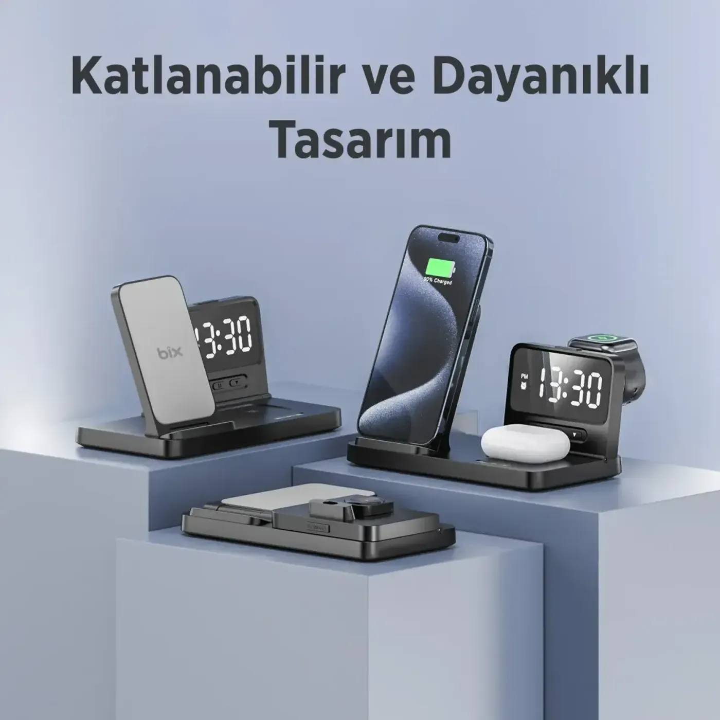 BXMW4 Alarmlı Saat Özellikli 15W Akıllı Telefon Şarj — görsel 3