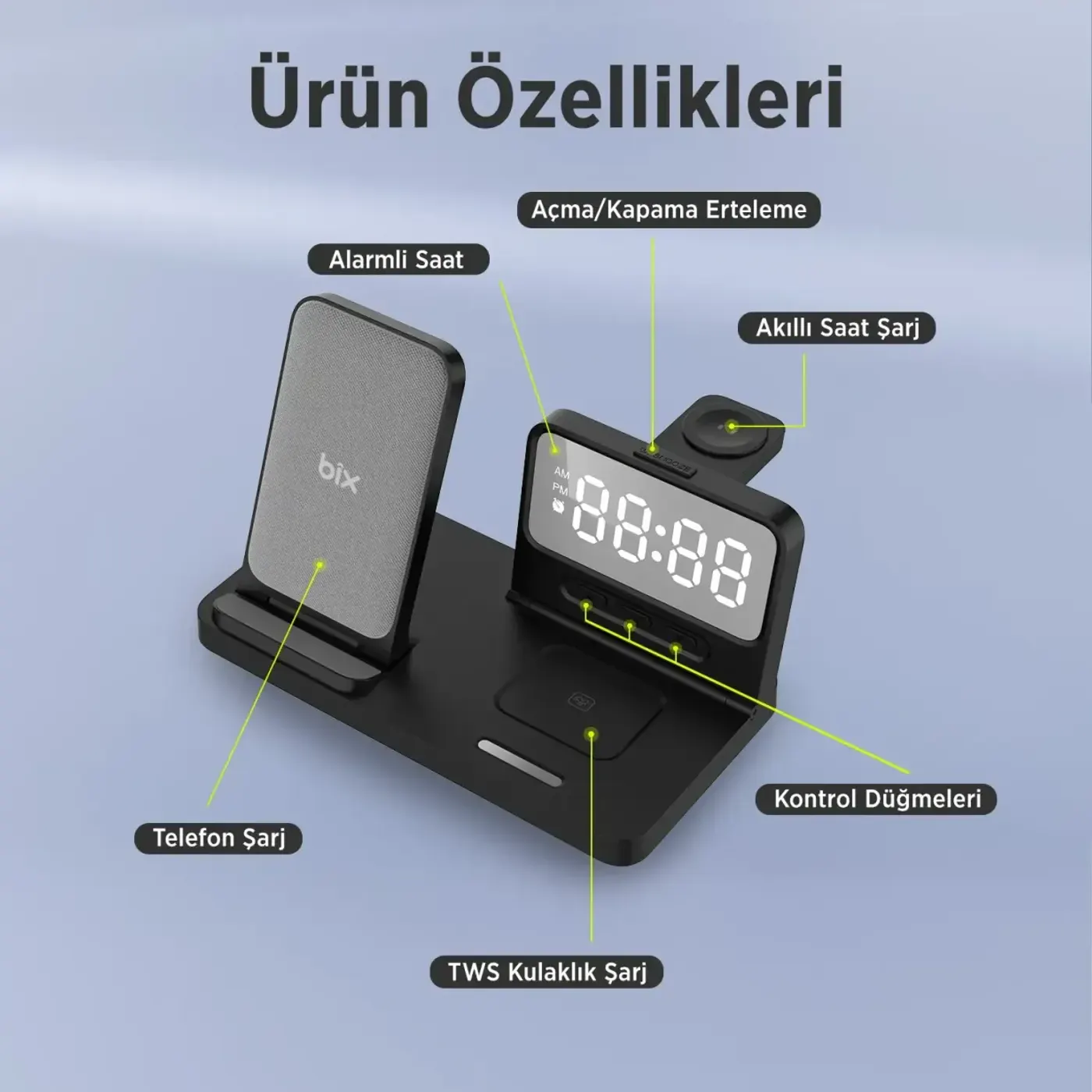 BXMW4 Alarmlı Saat Özellikli 15W Akıllı Telefon Şarj — görsel 5