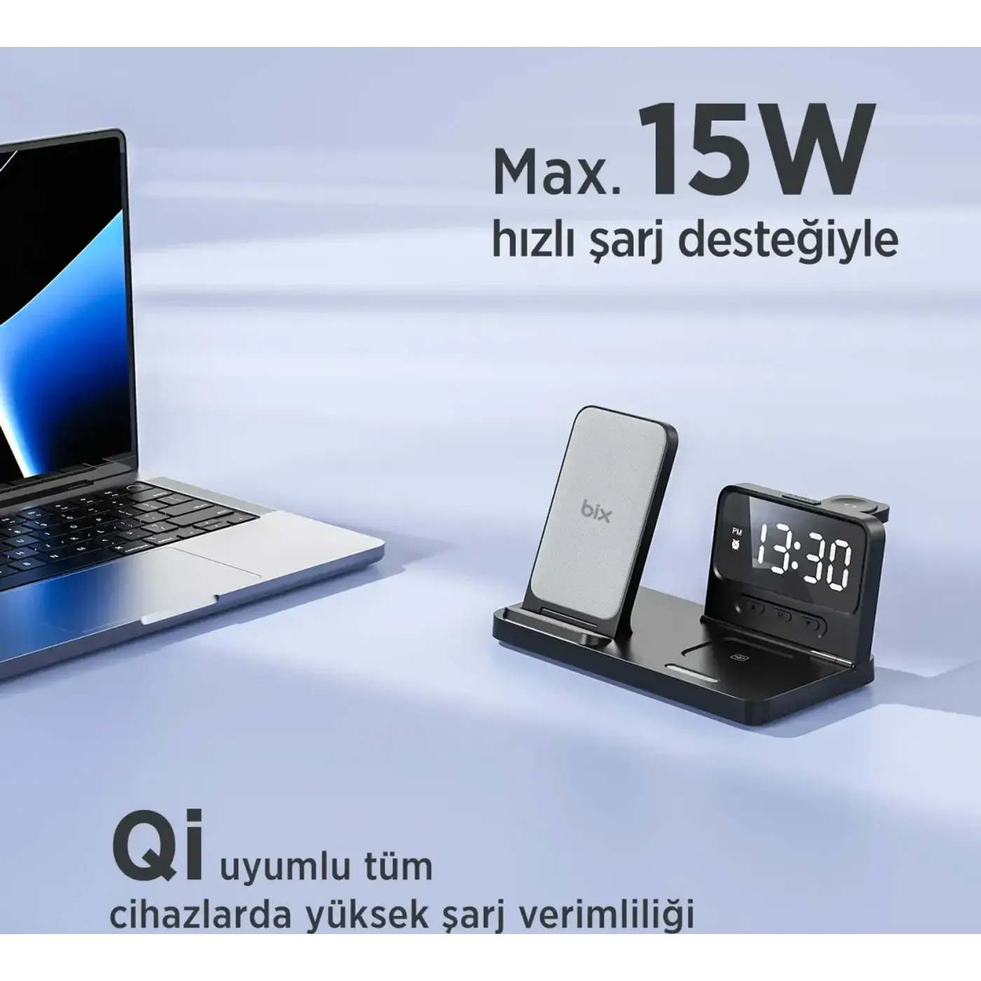 BXMW4 Alarmlı Saat Özellikli 15W Akıllı Telefon Şarj — görsel 6
