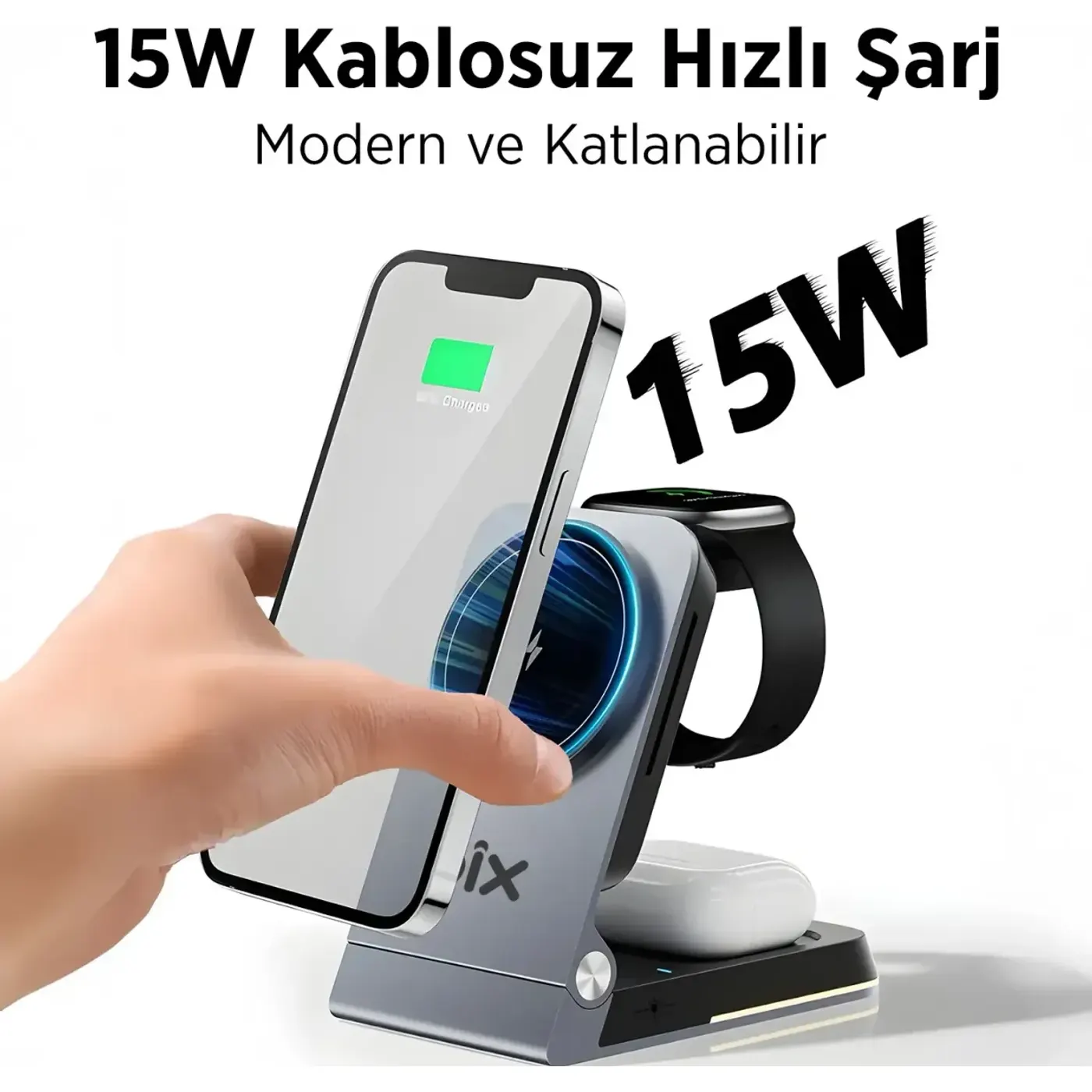BXMW5 3’ü 1 Arada 15W Akıllı Telefon TWS Kablosuz Şarj — görsel 3
