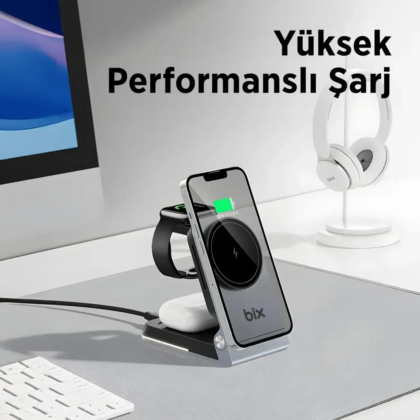 BXMW5 3’ü 1 Arada 15W Akıllı Telefon TWS Kablosuz Şarj — görsel 5