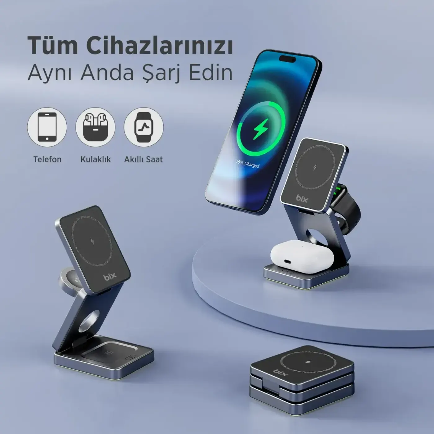 BXMW7 3’ü 1 Arada 15W Akıllı Telefon TWS Kablosuz Şarj — görsel 4