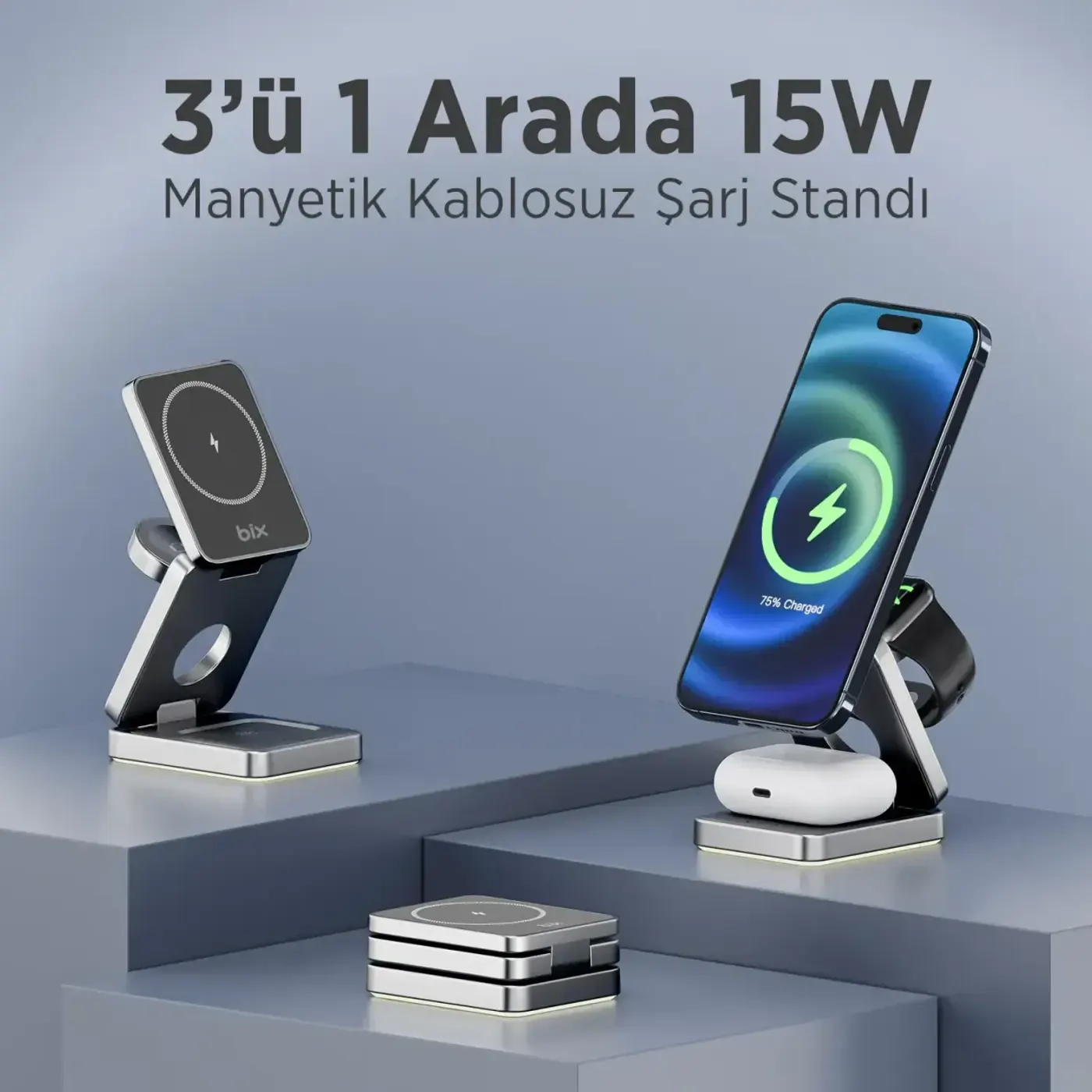 BXMW7 3’ü 1 Arada 15W Akıllı Telefon TWS Kablosuz Şarj — görsel 5