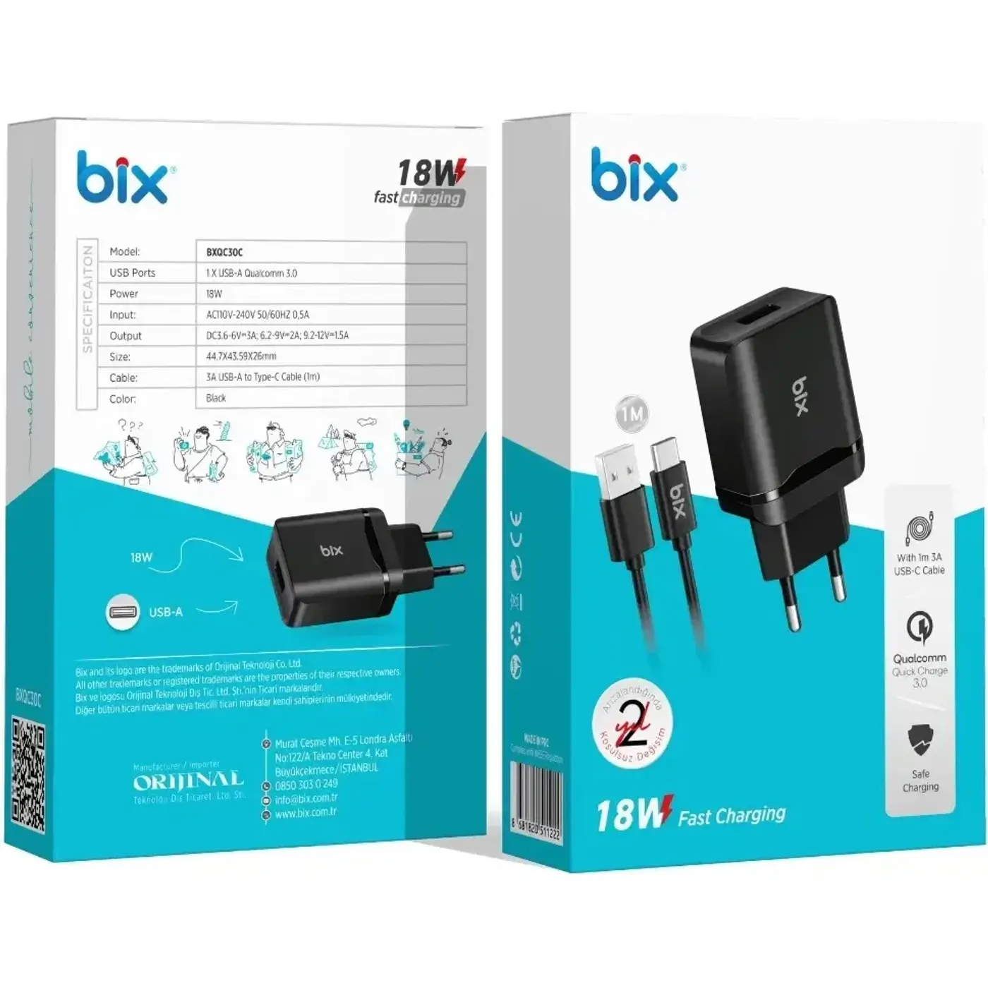 BXQC30C 18W QC 3.0 Hızlı Şarj Cihazı ve Type-C USB — görsel 3
