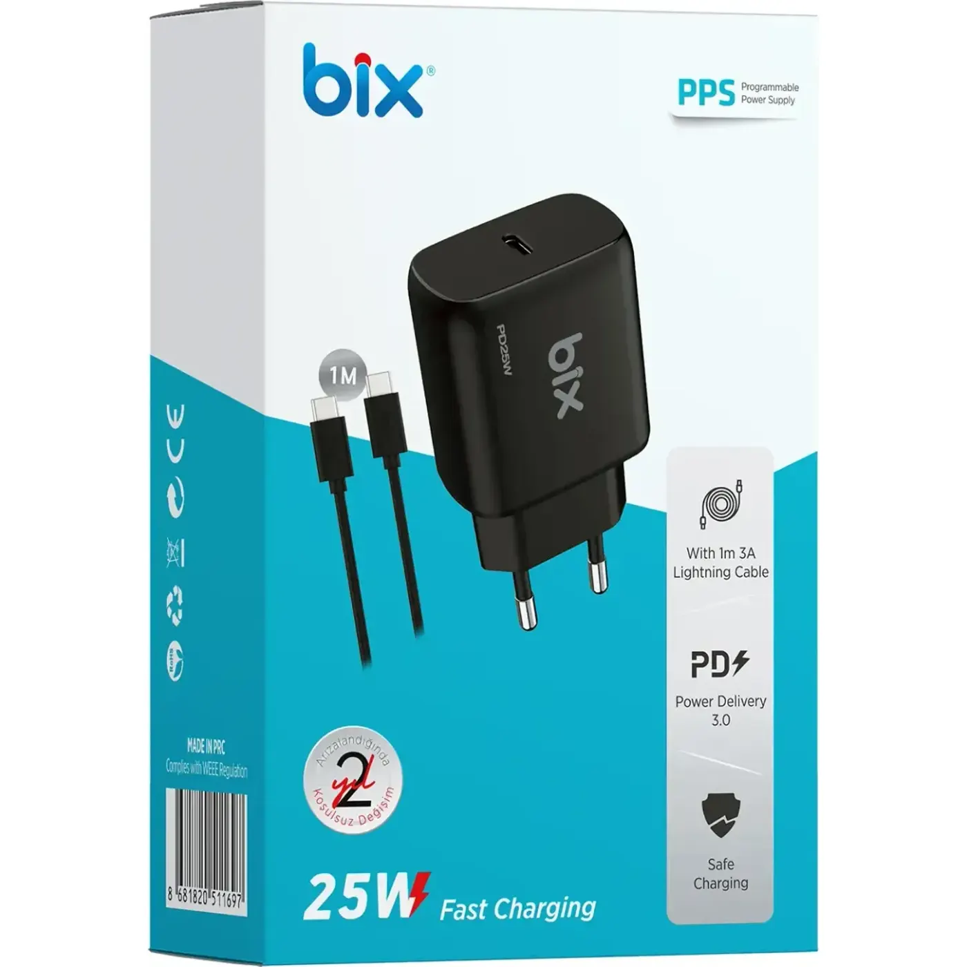 BXUC25TA 25W Type-C PD Hızlı Şarj Adaptörü + 1 Metre 5A — görsel 4