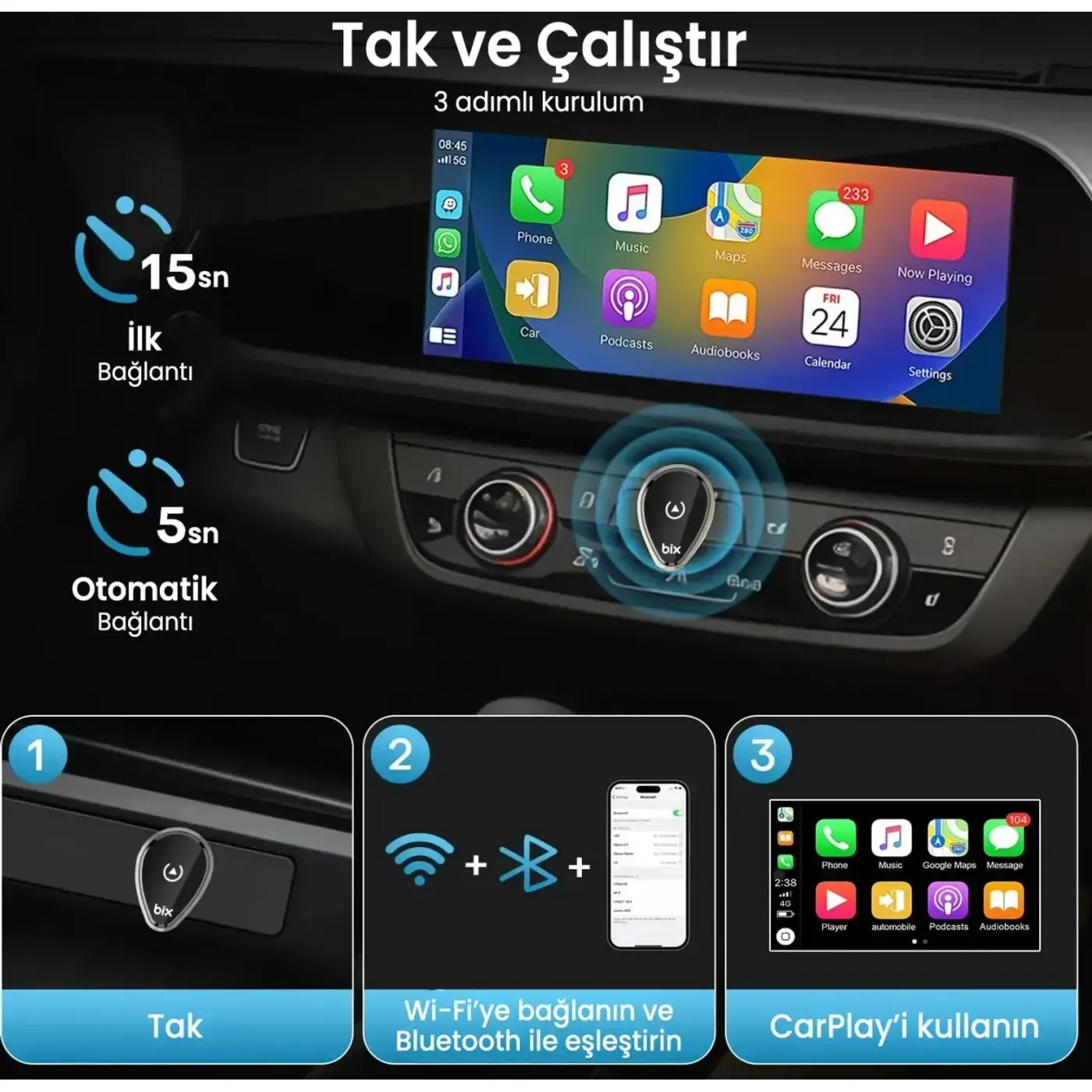 CB01 2.4G/5G WiFi CarPlay Android Auto Kabloludan — görsel 4