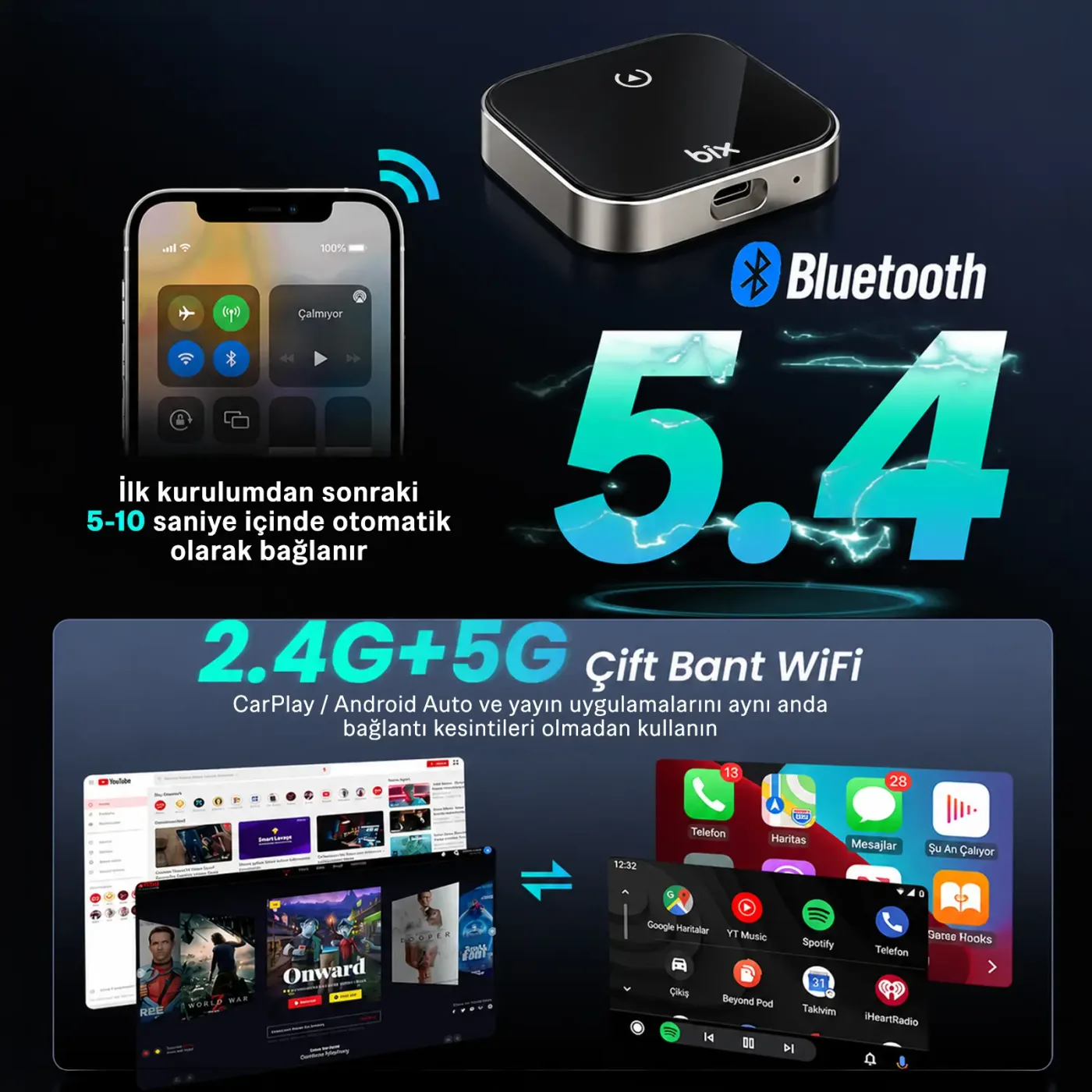 CB03 Kablosuz CarPlay Android Auto Adaptörü 2.4G/5G — görsel 5