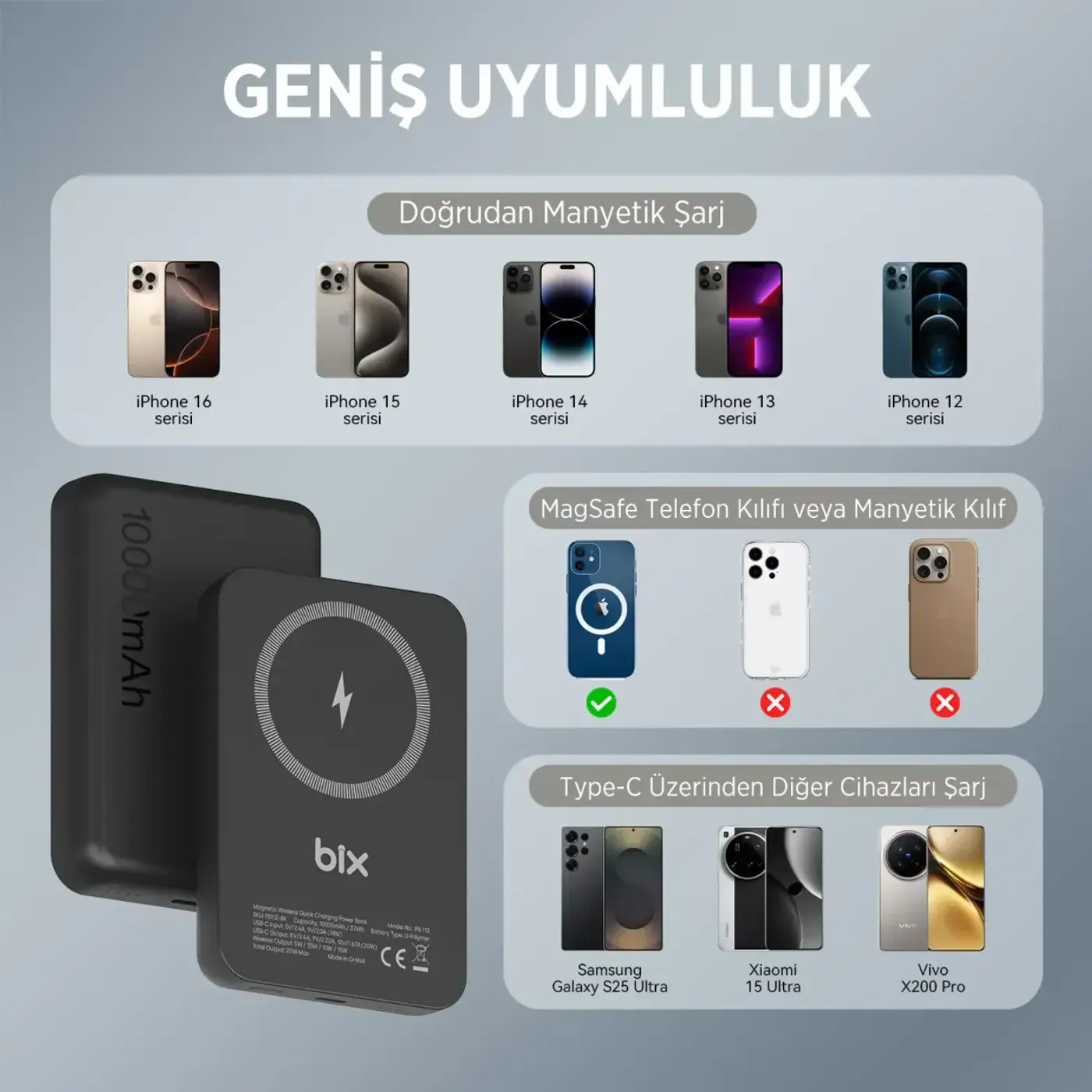 PB112 15W Manyetik Kablosuz Şarj ve 20W USB-C Hızlı — görsel 2