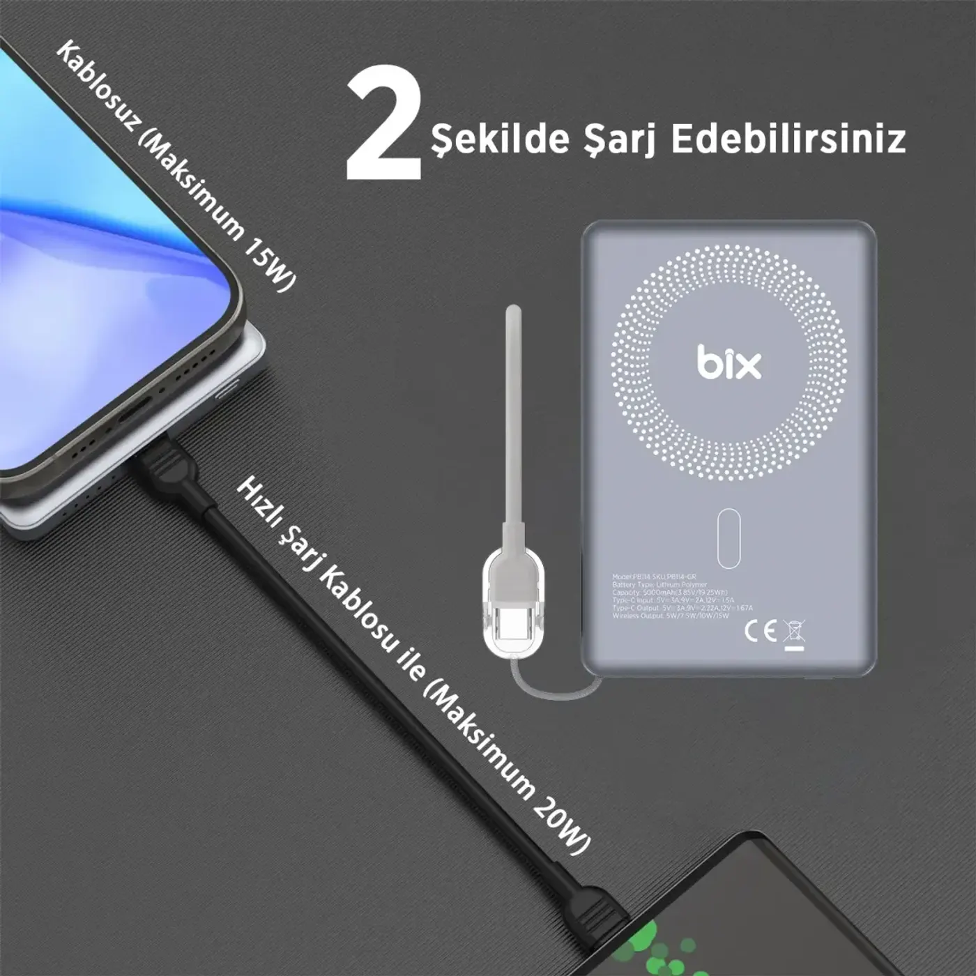 PB114 5000mAh 20W Dahili Type-C Kablolu 15W Manyetik — görsel 4