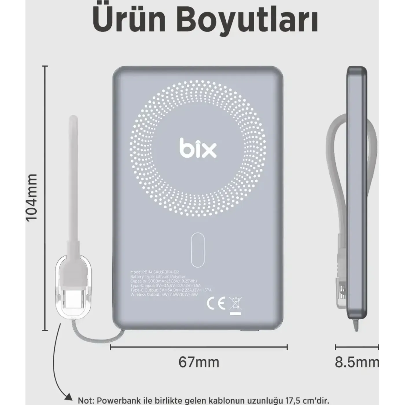 PB114 5000mAh 20W Dahili Type-C Kablolu 15W Manyetik — görsel 6
