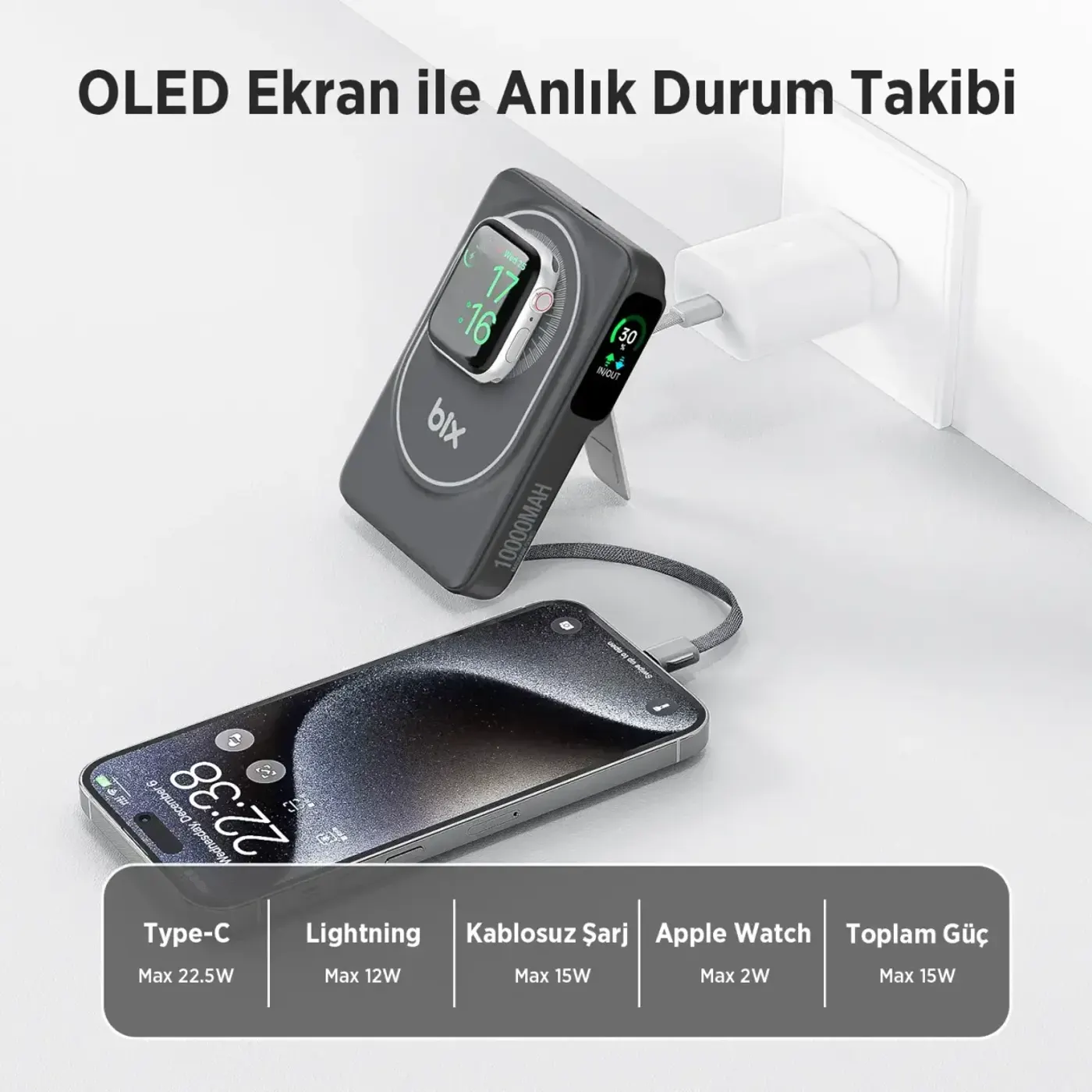 TPB16 6’sı 1 Arada 10000mAh Manyetik OLED Kablolu — görsel 6