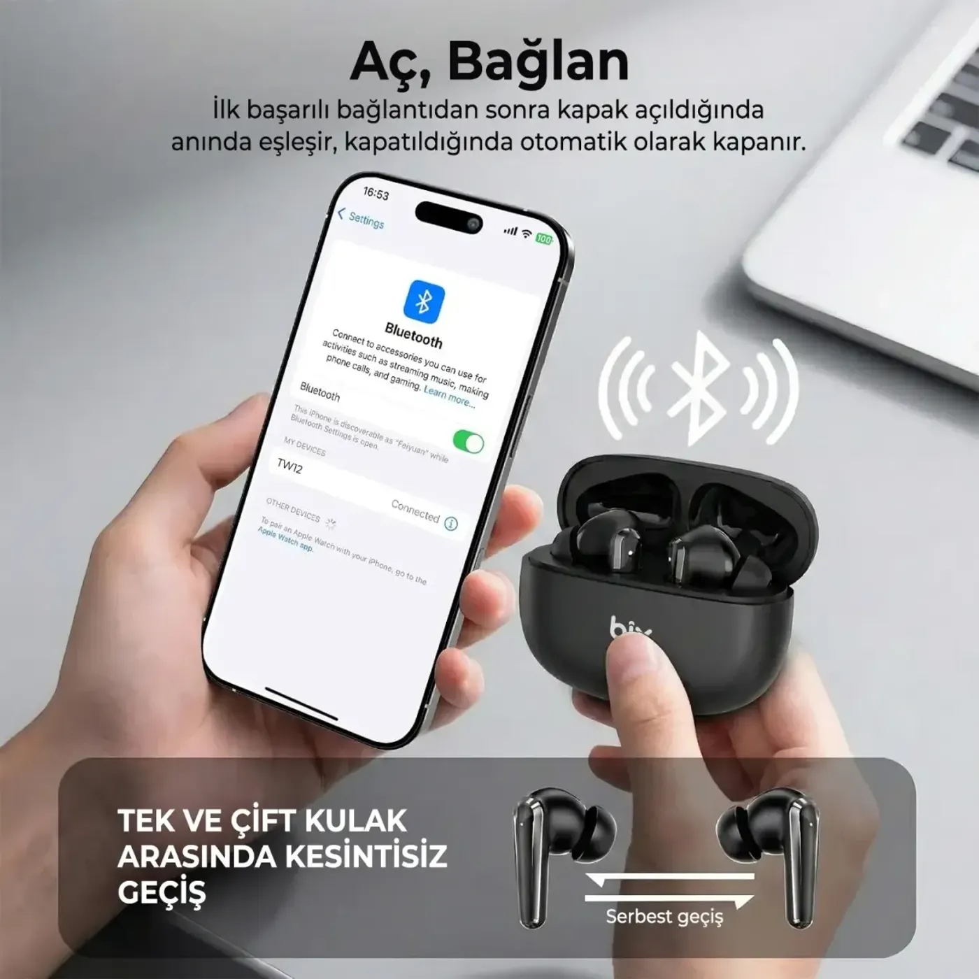 Bix TW12 Bluetooth 6.0 ANC Kablosuz Kulaklık — görsel 3
